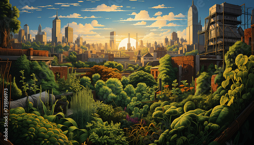 A fantasy illustration of a sustainable city where rooftops and balconies are filled with green plants and vegetable patches showcasing urban vegetarian living photo