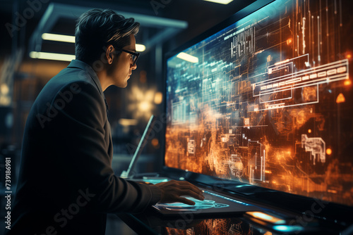 A focused individual in a modern well lit workspace engaging with a futuristic AI interface on a large transparent touchscreen displaying lines of code and interactive data visualizations