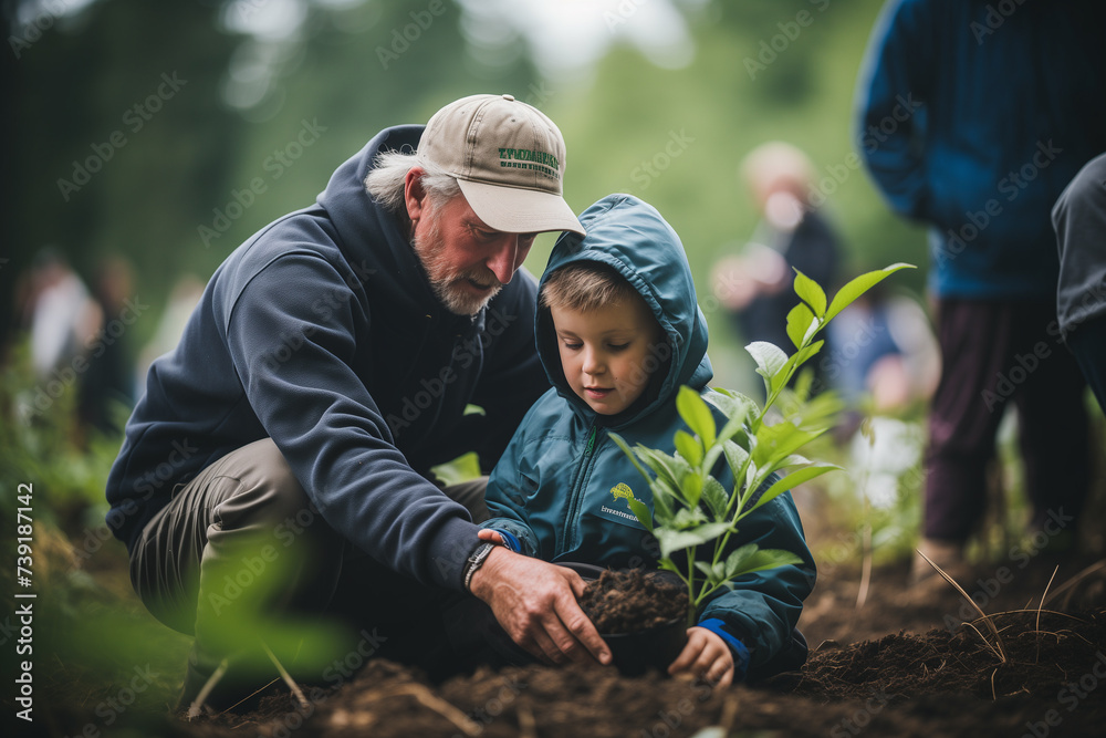 A vivid documentary style image capturing the essence of community engagement with individuals of all ages participating in a tree planting activity showcasing the tangible impact of sustainability - obrazy, fototapety, plakaty 