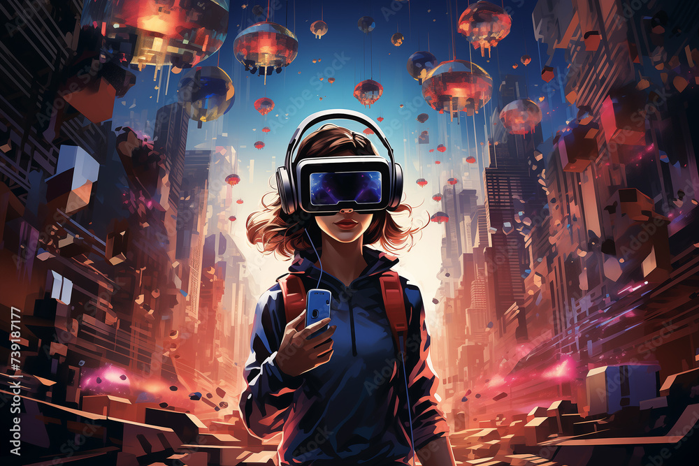 A whimsical depiction of a user wearing a VR headset transported into a pixelated retro video game world The illustration combines elements of 8 bit art - obrazy, fototapety, plakaty 