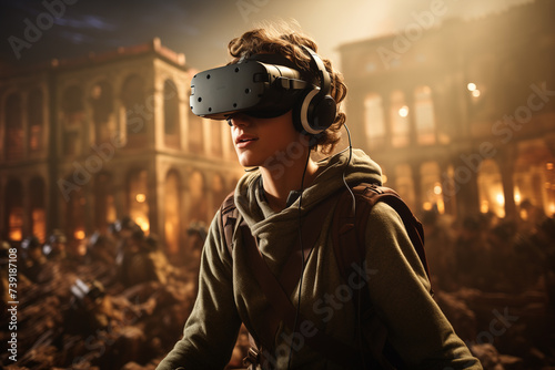 A student immersed in a virtual reality experience standing amidst a highly detailed realistic reconstruction of ancient Rome Wearing a VR headset and motion photo