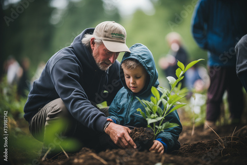 A vivid documentary style image capturing the essence of community engagement with individuals of all ages participating in a tree planting activity showcasing the tangible impact of sustainability photo