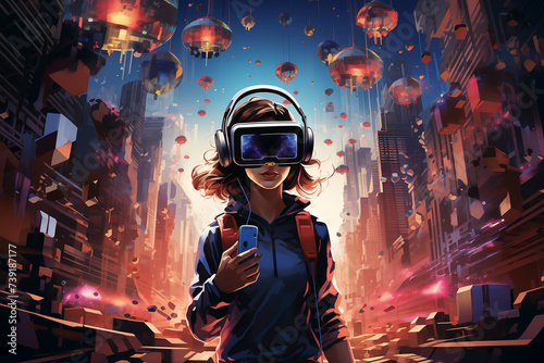 A whimsical depiction of a user wearing a VR headset transported into a pixelated retro video game world The illustration combines elements of 8 bit art #739187177