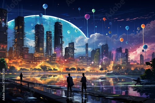 An imaginative colorful illustration of a futuristic smart city where buildings are interconnected through glowing data streams representing the flow of