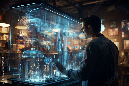 An over the shoulder view of a scientist interacting with an AI program on a transparent touch screen analyzing real time data and simulations The background reveals a bustling tech lab