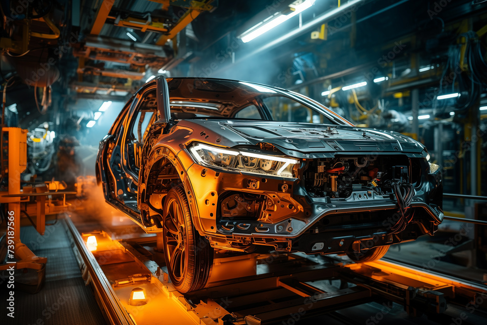 Fototapeta premium Inside a futuristic vehicle assembly line an AI robot with a robust frame and multiple arms works alongside human engineers installing high tech components into cars