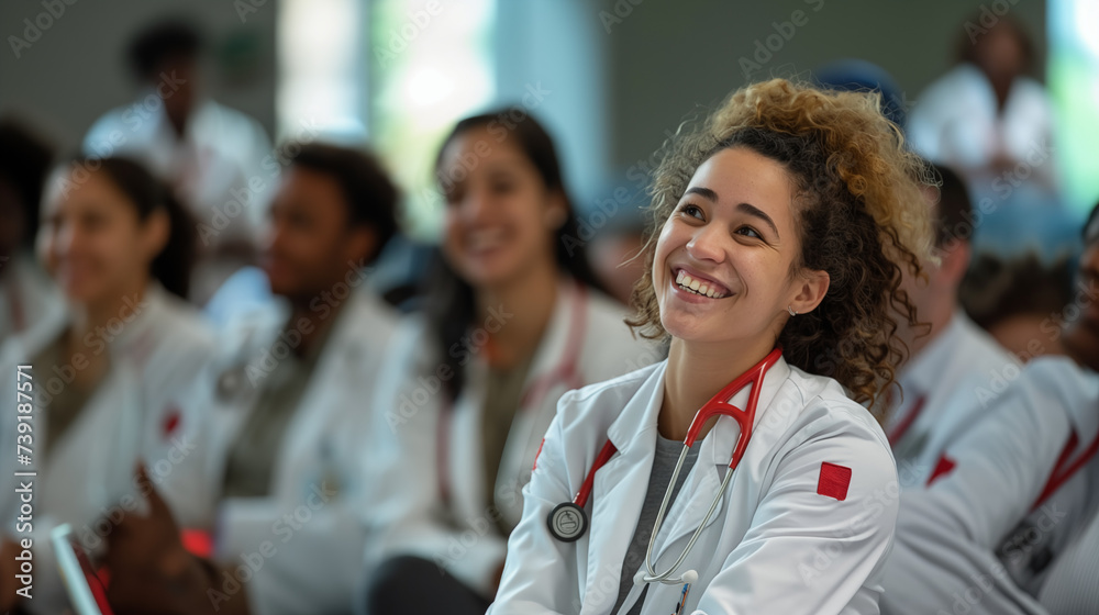 Nurse smiling in a medical training or seminar Nurse smiling in a medical training or seminar