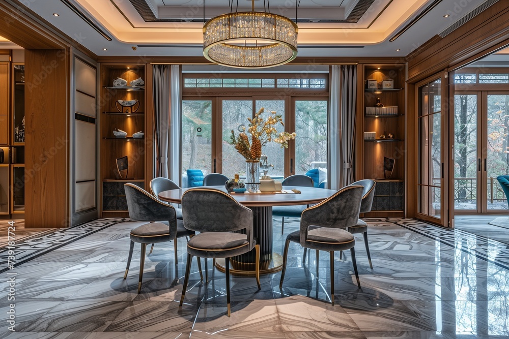 a spacious dining room with a round table and a chandelier