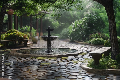 a zen garden with a fountain and a bench