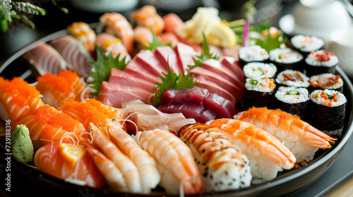 Close-up of a sushi and sashimi platter with a variety of rolls and fresh slices of fish, served with lemon slices and garnish.