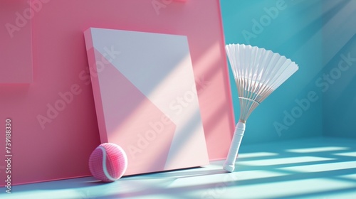 badminton shuttles with a bright pink card on a blue background , in the style of album, folio and fan formats, pastel goth, light white and light blue, minimalist canvases, 