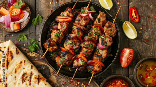 Grilled chicken skewers with bell peppers and onions served on a pan, accompanied by lemon and a side of sauces.