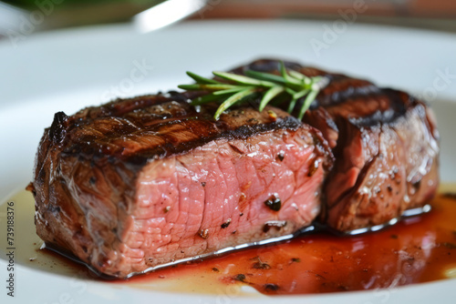 Close-up of a succulent medium rare grilled beef steak on a plate, garnished with rosemary.