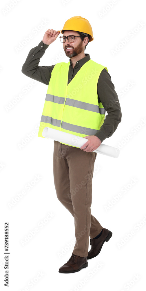 Architect in hard hat with draft walking on white background Architect in hard hat with draft walking on white background