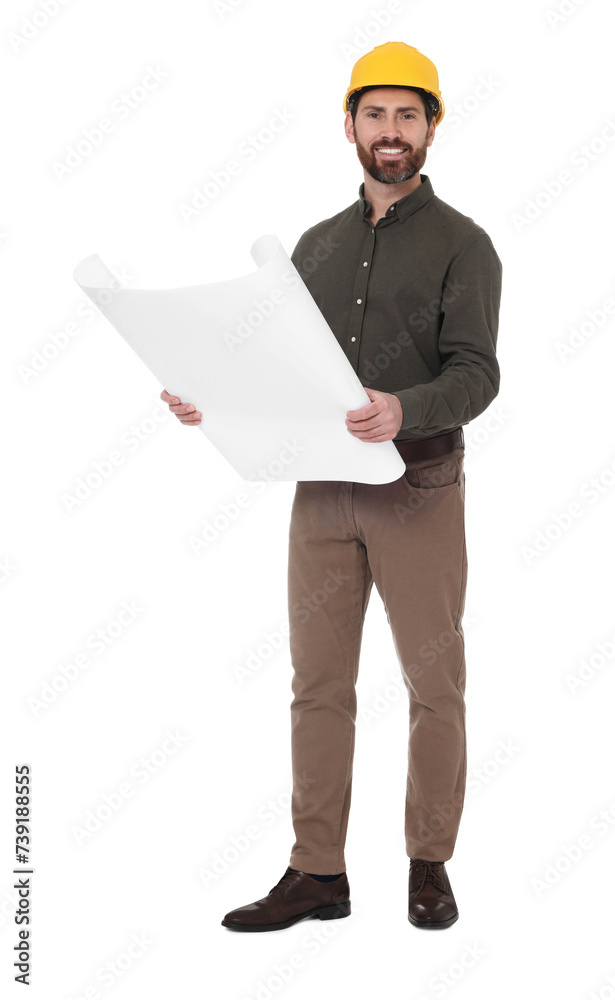 Architect in hard hat with draft on white background Architect in hard hat with draft on white background