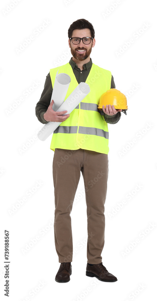 Architect with drafts and hard hat on white background Architect with drafts and hard hat on white background