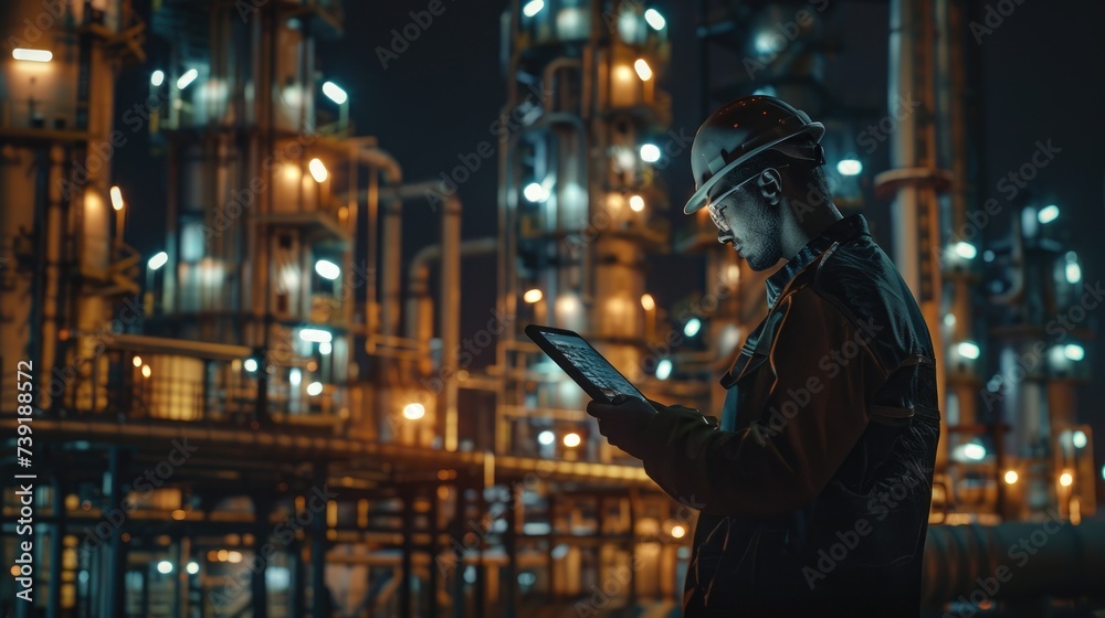 Industrial Night Shift: Engineer Using Tablet at Oil Refinery Plant