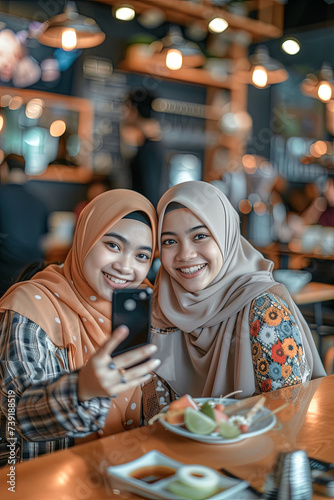 Two beautiful Malay women taking photos together in a cafe
