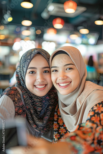 Two beautiful Malay women taking photos together in a cafe photo