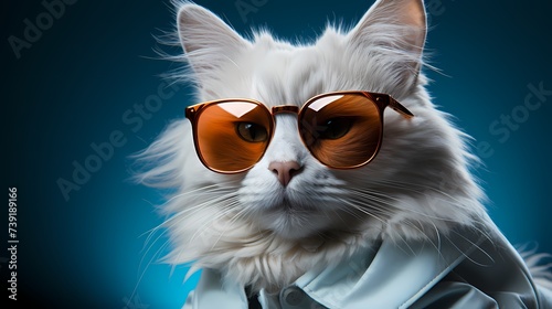 A modern cat dressed in trendy attire and stylish glasses strikes a pose against a vivid blue backdrop. Its cute expression and fashionable outfit make it utterly adorable © Shani