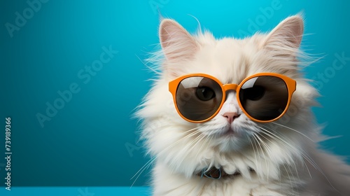 A modern cat dressed in trendy attire and stylish glasses strikes a pose against a vivid blue backdrop. Its cute expression and fashionable outfit make it utterly adorable © Shani