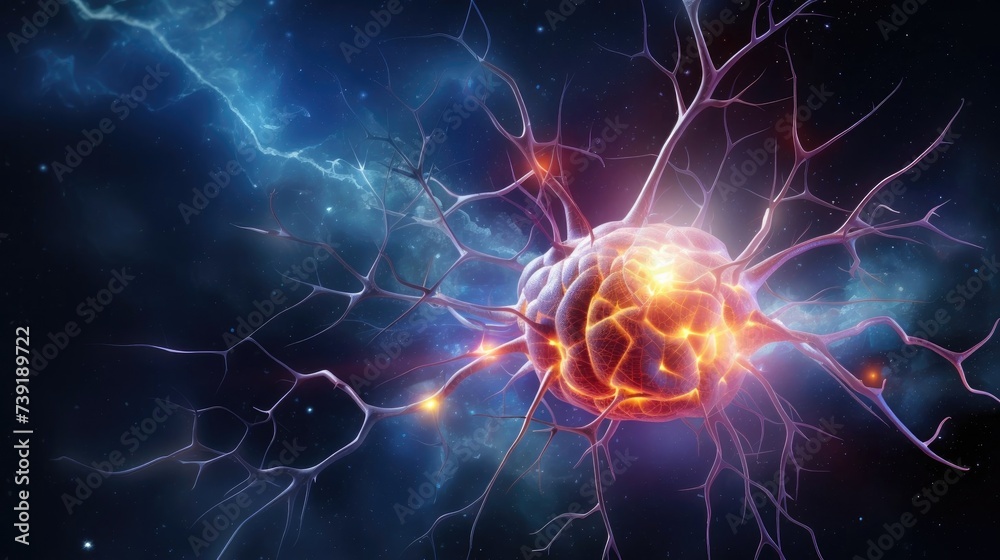 A close-up of the brain, on a blurred background. The human brain has a futuristic background. Rays, energy from the brain, the movement of neurons A close-up of the brain, on a blurred background. The human brain has a futuristic background. Rays, energy from the brain, the movement of neurons