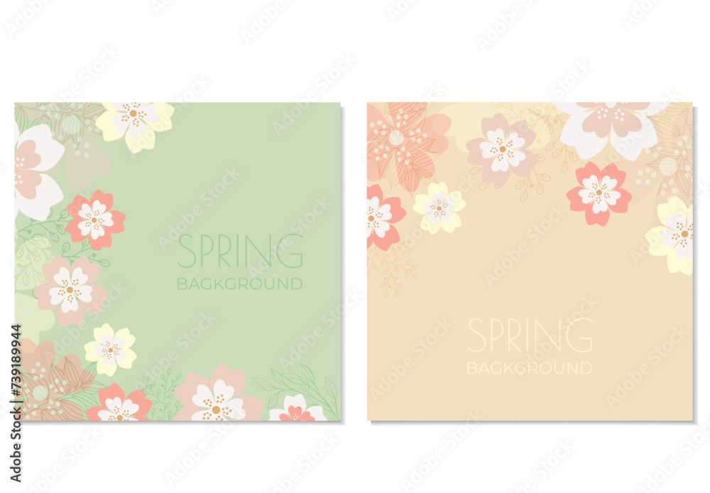 Abstract spring vector backgrounds with flowers, green branches and leaves. Art illustration for card, banner, invitation, social media post, poster, mobile apps, advertising