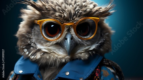 A chic owl wears a fashionable dress and accessorizes with oversized round glasses. 