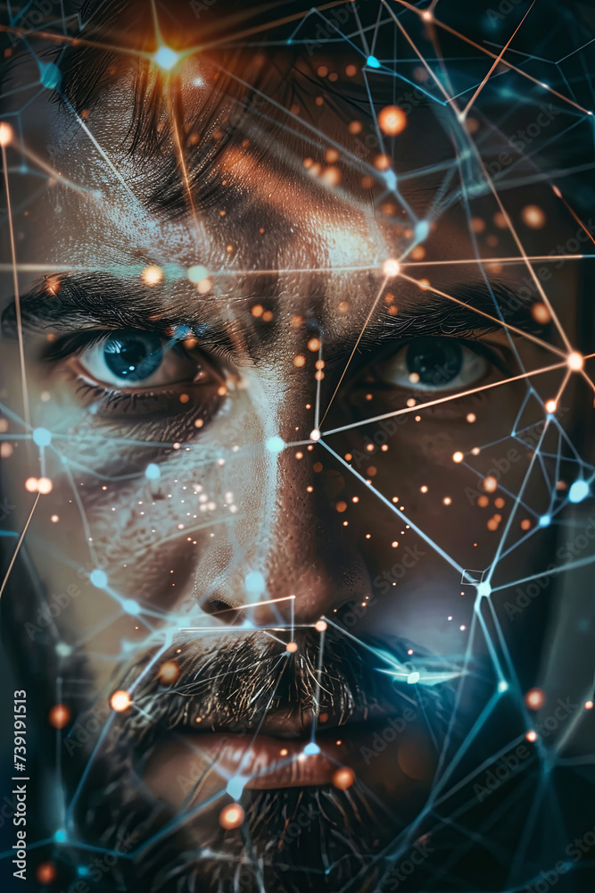 A closeup of a man face with an interconnected neural network around him A closeup of a man face with an interconnected neural network around him