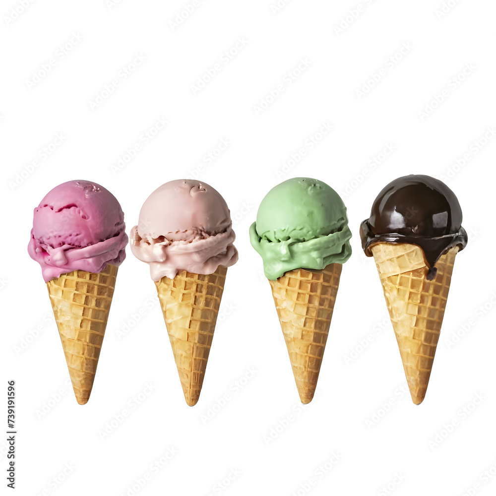 Ice cream scoop on waffle cone on transparent background cutout, PNG file. Many assorted different flavour Mockup template for artwork design.