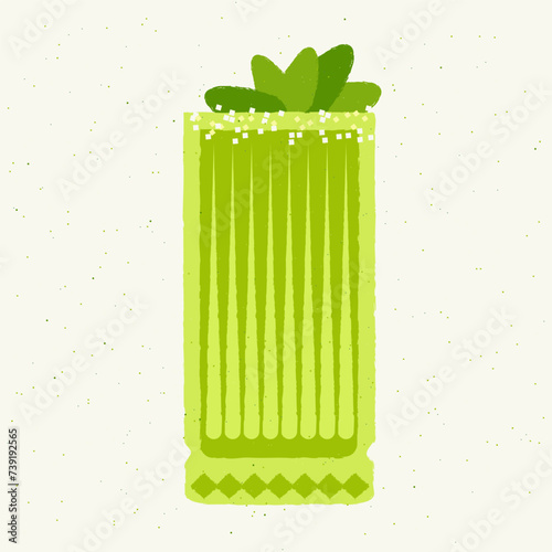 Green cocktail with green leaves, basil. Smoothie in high glass. Mixed mocktail. Alcohol drink for bar. Cold soft liquid in tall glass. Non-alcoholic beverage. Flat vector illustration with texture
