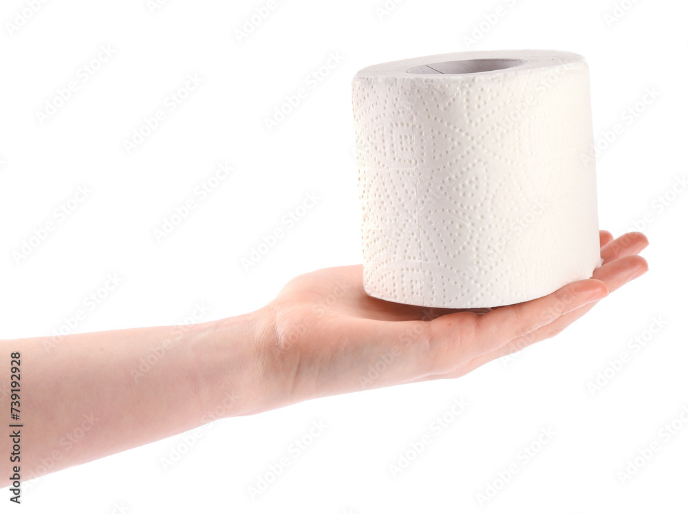 Fototapeta premium Woman holding toilet paper roll on white background, closeup
