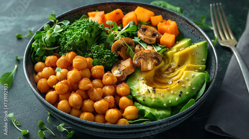 Bowl of fresh raw salad from tomato, pumpkin, avocado and greenery, top view