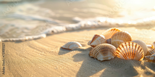 Seashells on Sunny Sand Beach. Close-up of seashells glistening in the sun on a sandy beach seashore, sea waves.