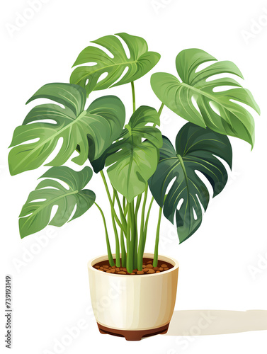 Illustration of a monstera plant in a pot  white background 