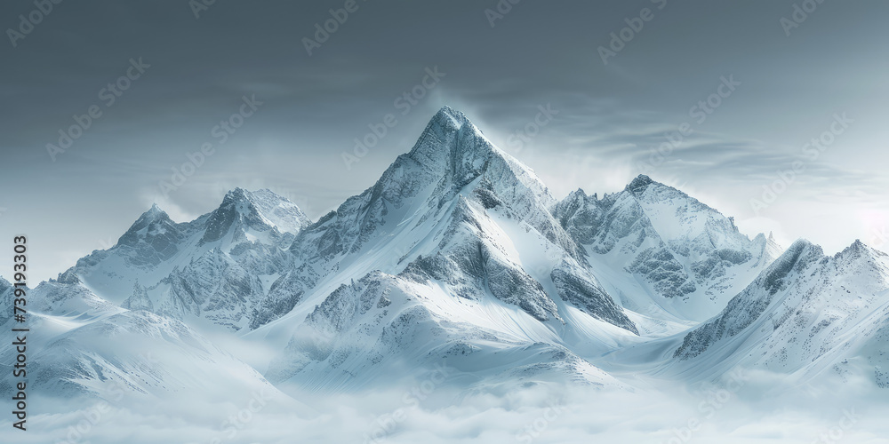 Snow-Capped Mountain Peak. Majestic snow covered winter mountain peak under a clear blue sky background with copy space.