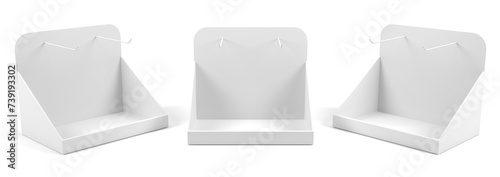 Empty Product Display Tray With Hooks, Hanging PDQ Display Box With Three Different View, 3D Rendered.