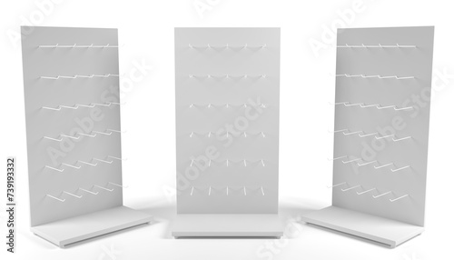 Supermarket Promotional Display Stand, Empty Product Display With Hooks To Hang The Packaging, PDQ Display Box With Three Different View, 3D Rendered. 