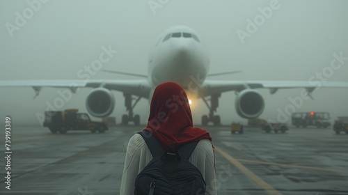 Muslim woman with traditional hijab land backpack looking at airplane on aerodrome through the airport. Female traveler at gate terminal. Hajj and Umrah vacation and travel background concept