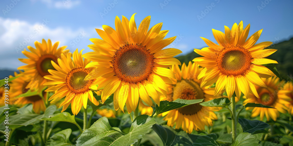 Field of Vibrant Sunflowers. A lush field of bright sunflowers in full bloom. Nature background wallpaper.