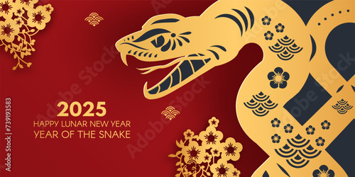 Happy Chinese New Year 2025 with Snake zodiac sign and flowers. Lunar new year card template. Gold paper cut style on color background.