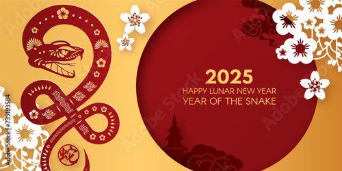 Happy Chinese New Year 2025 with Snake zodiac sign and flowers. Lunar new year card template. Gold paper cut style on color background.