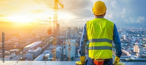 Construction worker in safety uniform and helmet on top of building with city skyline background photo