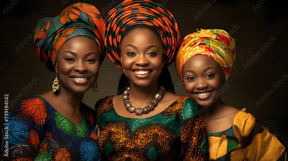 Fototapeta premium Three Generations of Nigerian Women, Celebrating Family and Tradition in Vibrant Attire.