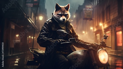 An urban fox wearing a leather jacket and sitting on a motorcycle