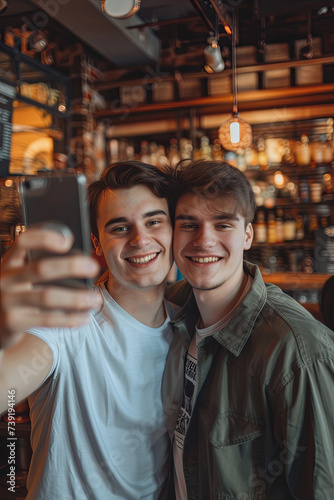 Two handsome men taking photos together in a cafe