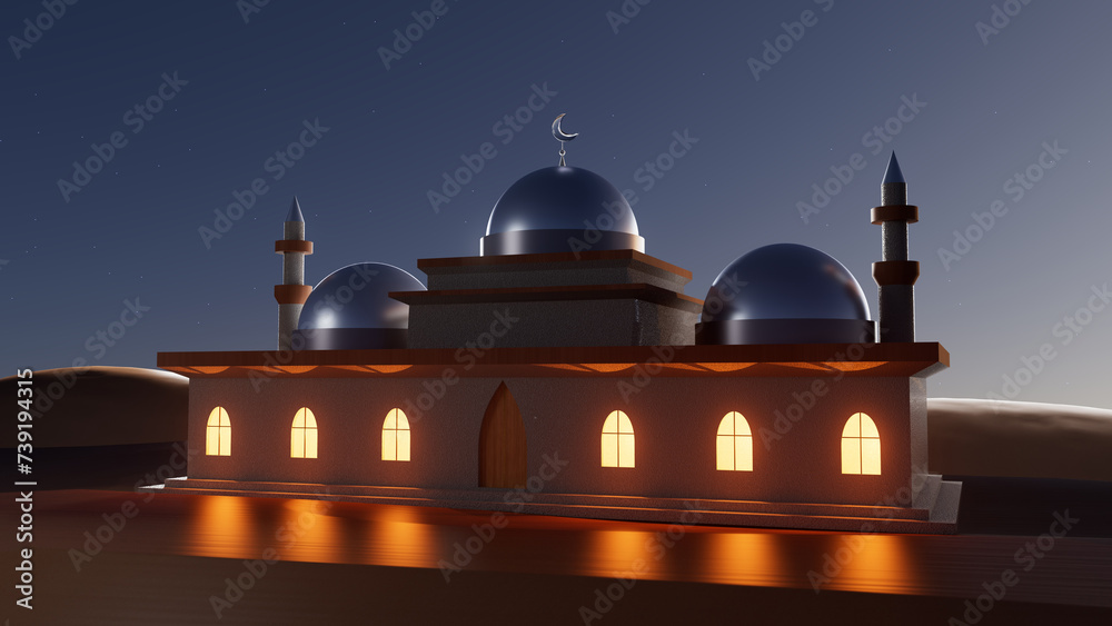 3d illustration arab mosque on the background of sunset in the desert, Ramadan concept