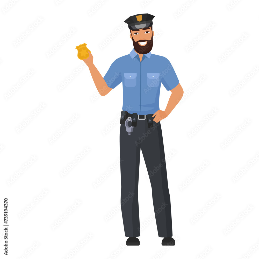 Male police character. Policeman worker, police officer agent with badge cartoon vector illustration