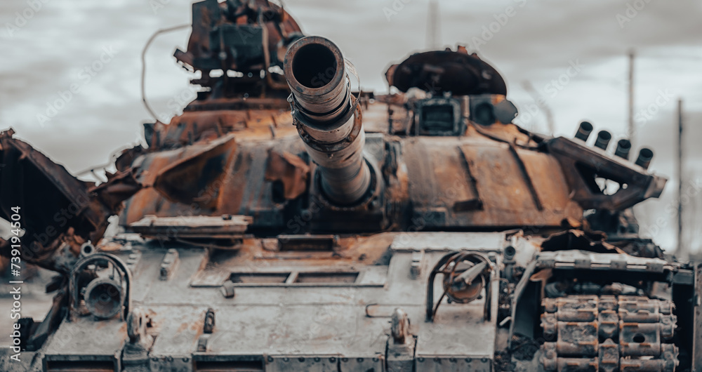 damaged military tank on a city street in Ukraine