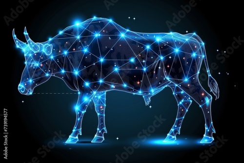 Futuristic taurus zodiac sign symbol with blue glow isolated on black background.